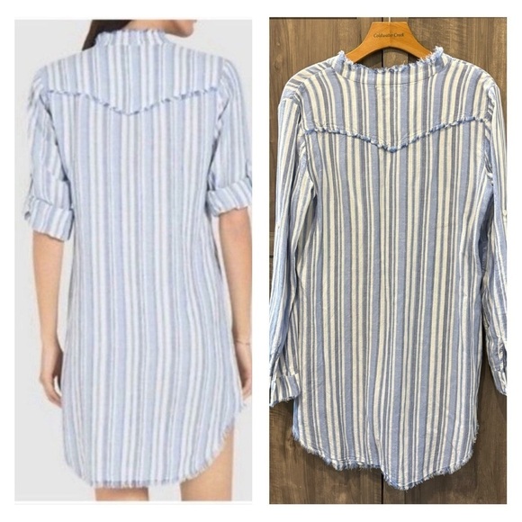 Cloth & Stone Small Shirt Dress western fray striped Roll Tab Sleeves - Picture 2 of 12